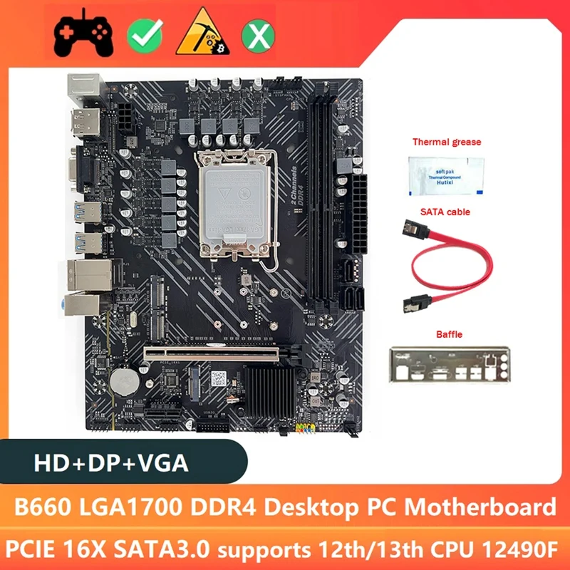 

B660 D4 Desktop Motherboards +Thermal Grease+Baffle+SATA Cable LGA1700 12Th/13Th CPU 2XDDR4 RAM Slot HD+DP+VGA PCIE 16X SATA3.0