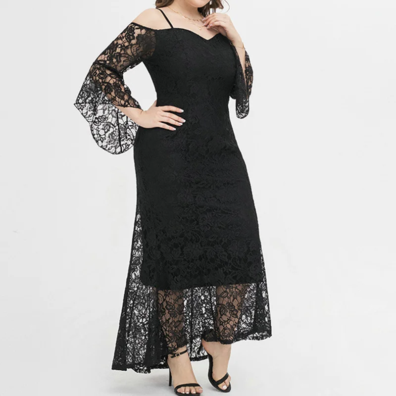Plus Size Womens Clothing Black Off Shoulder Long Sleeve Evening Party Elegant Lace Hook Flower Hollow Backless Plus Size Dress