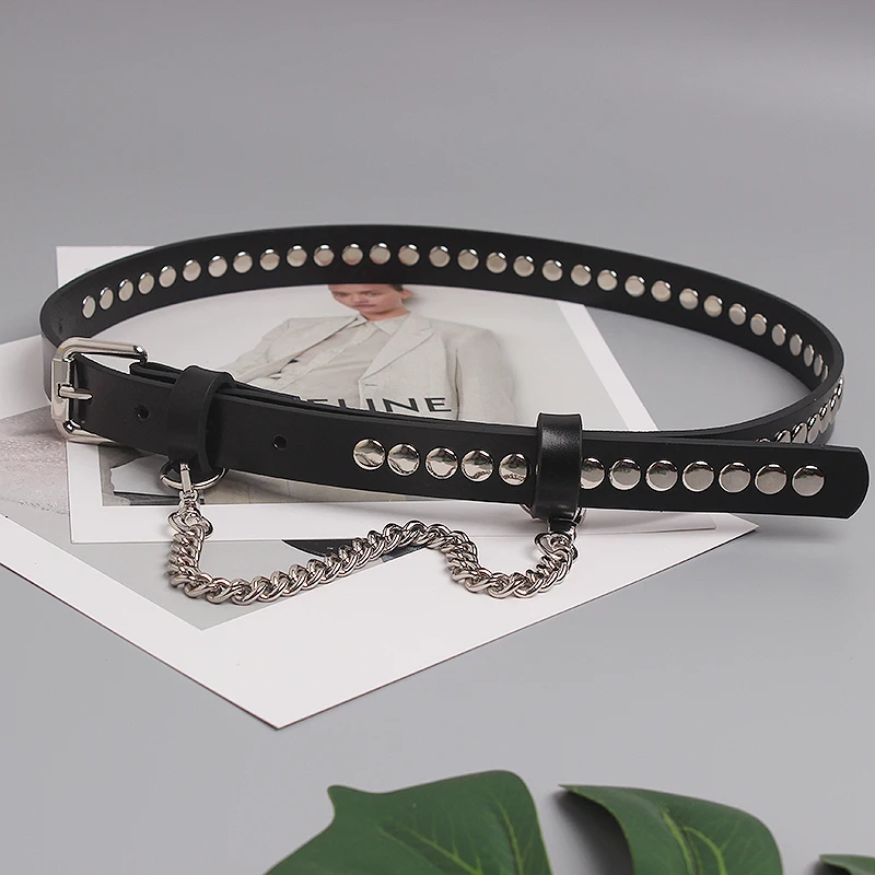 2022 PUnk Style Black Real Leather Waist Belt WIth Chain Detachable Chains Cowhide Rivet Jeans Belt Hip Hop Cowskin Corset Strap