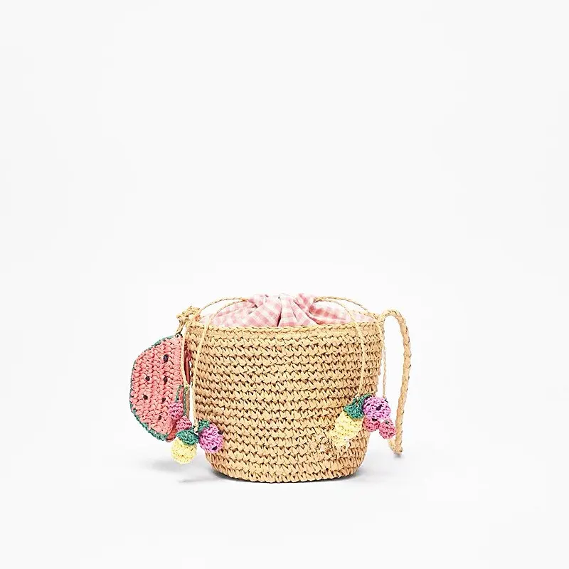 

Cute watermelon decorated round bucket straw bag hand-woven female bag