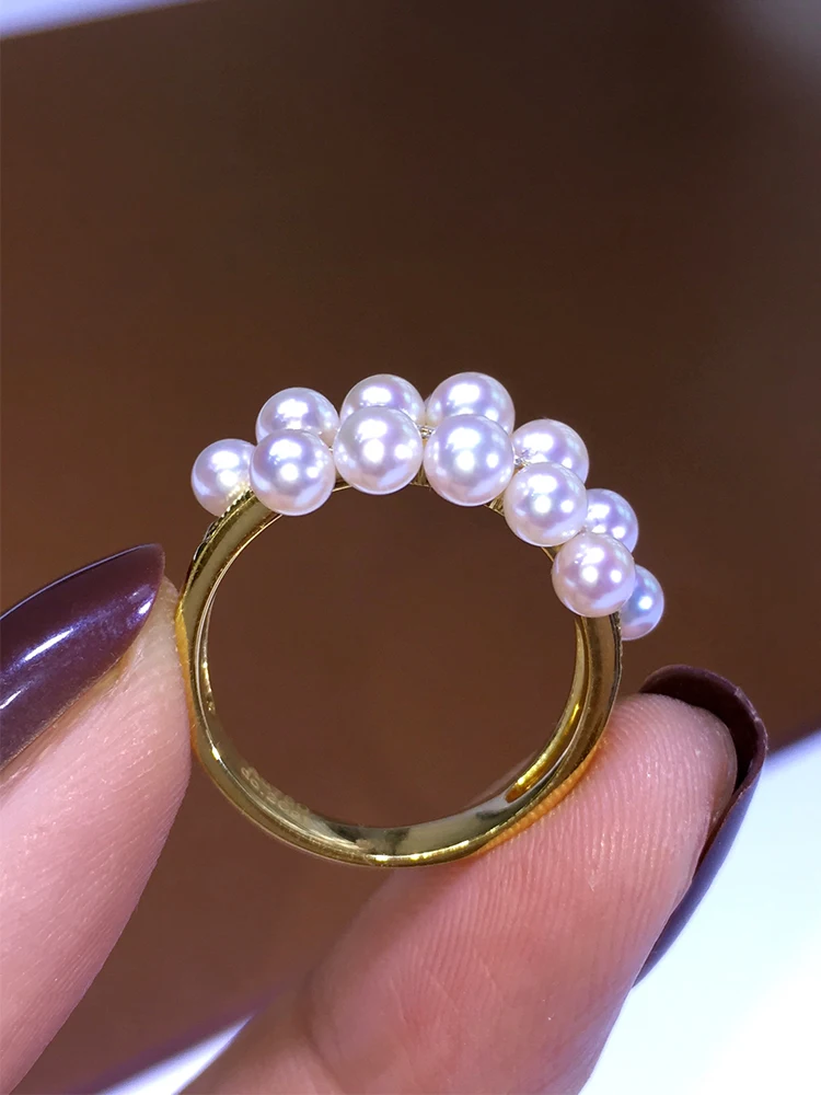 

Japanese AKoya Ring 3-4.5mm Natural Seawater Beads 18K Gold Inlaid with Diamonds Round Strong Light Gift Style