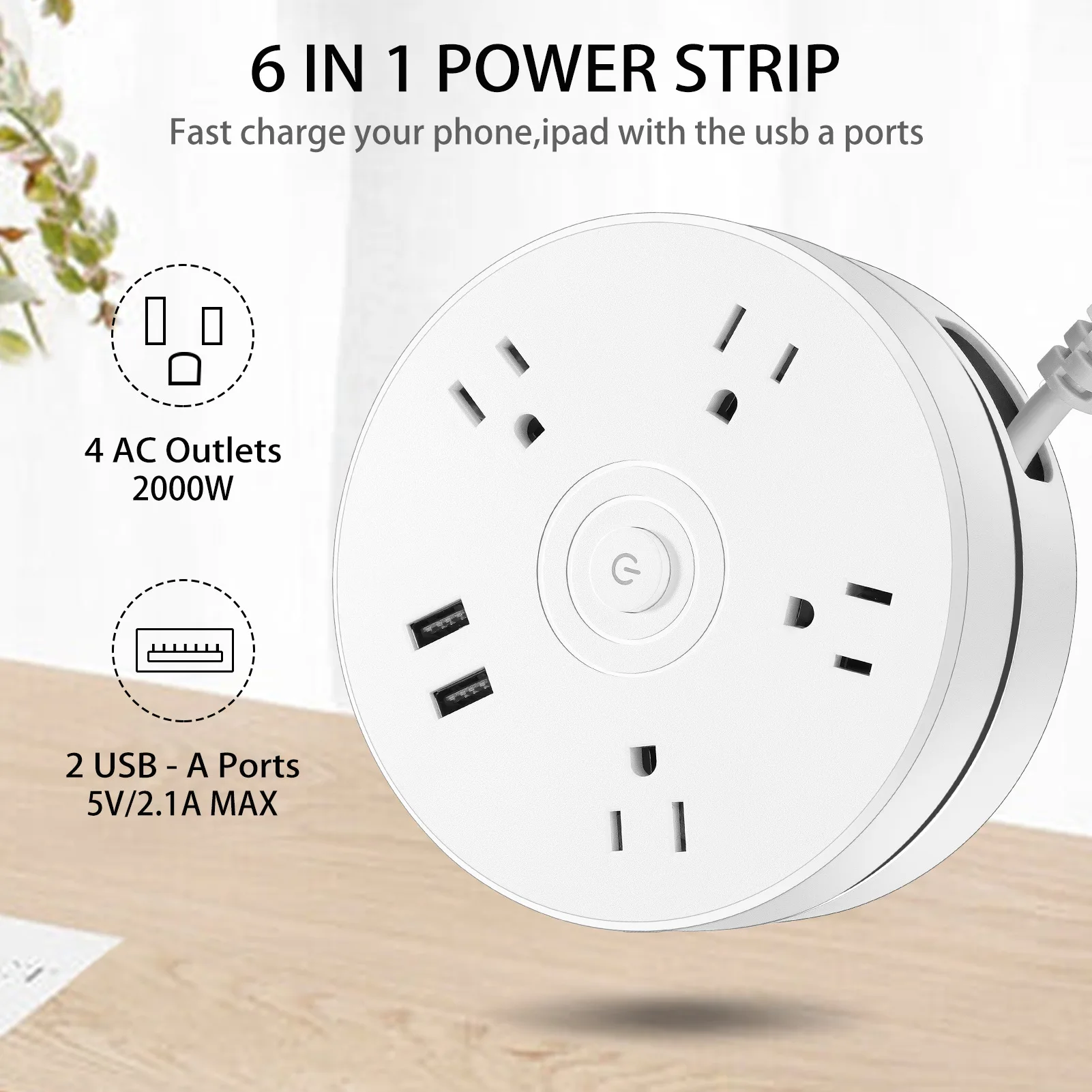 

US Power Strip Sockets 4 Outlets 2 Usb Ports AC 110V with Pullable Ground Pin Overload Protection 10A White Electrical Socket