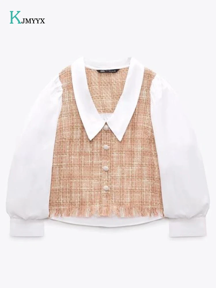

2022 Spring Summer Women Patchwork Blouse Casual Loose Single Breasted Top Long Sleeve Turn Down Collar Vintage Fashion Shirts