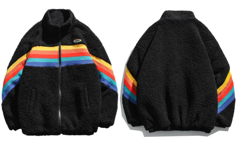 

Rainbow Jackets Fleece Color Parka Block Patchwork Zipper Cotton Padded Coats Winter Thick Warm Hip Hop Tops