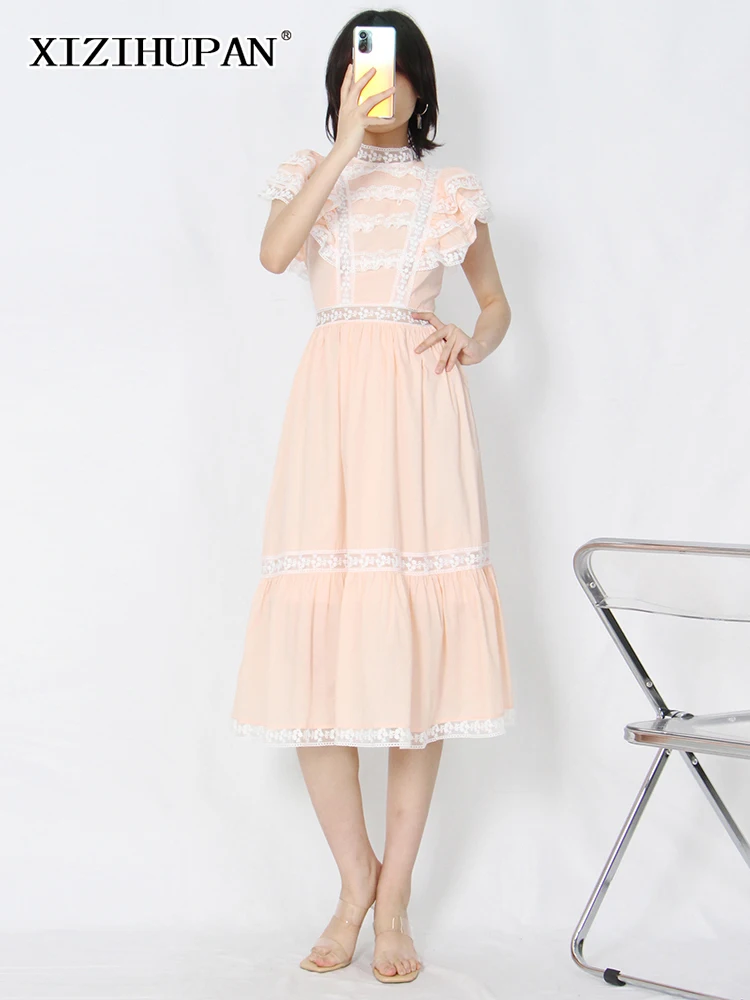 

XIZIHUPAN Patchwork Embroidery Midi Dress For Women Stand Collar Short Sleeve High Waist Colorblock Dresses Female Clothing New