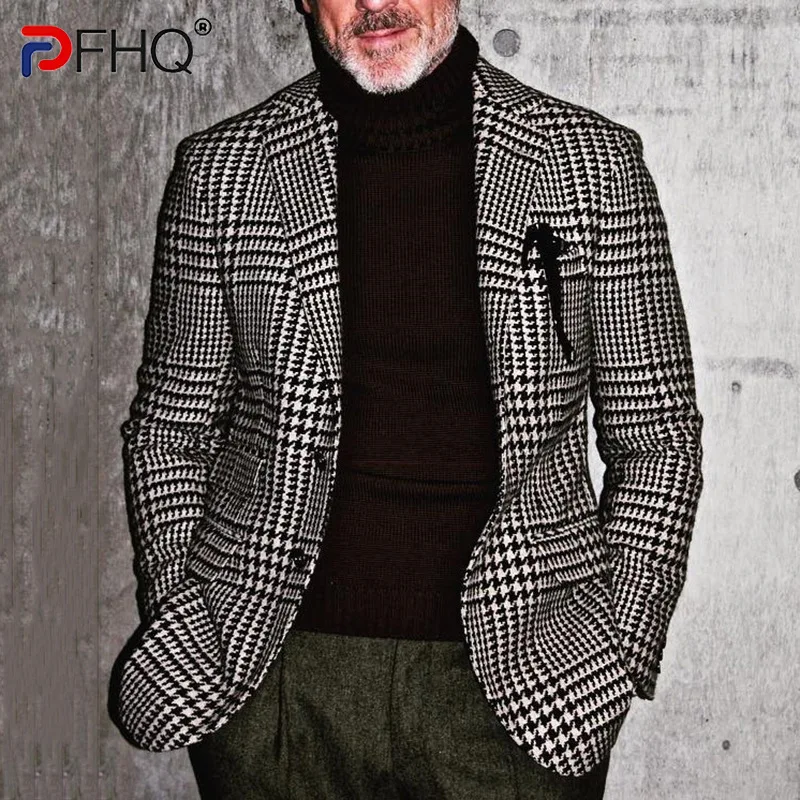 

PFHQ Trendy Men's 2023 Business Casual Slim Fit Suit Jackets Social Elegant Luxury Plaid Single Breasted Lattice Autumn Clothes