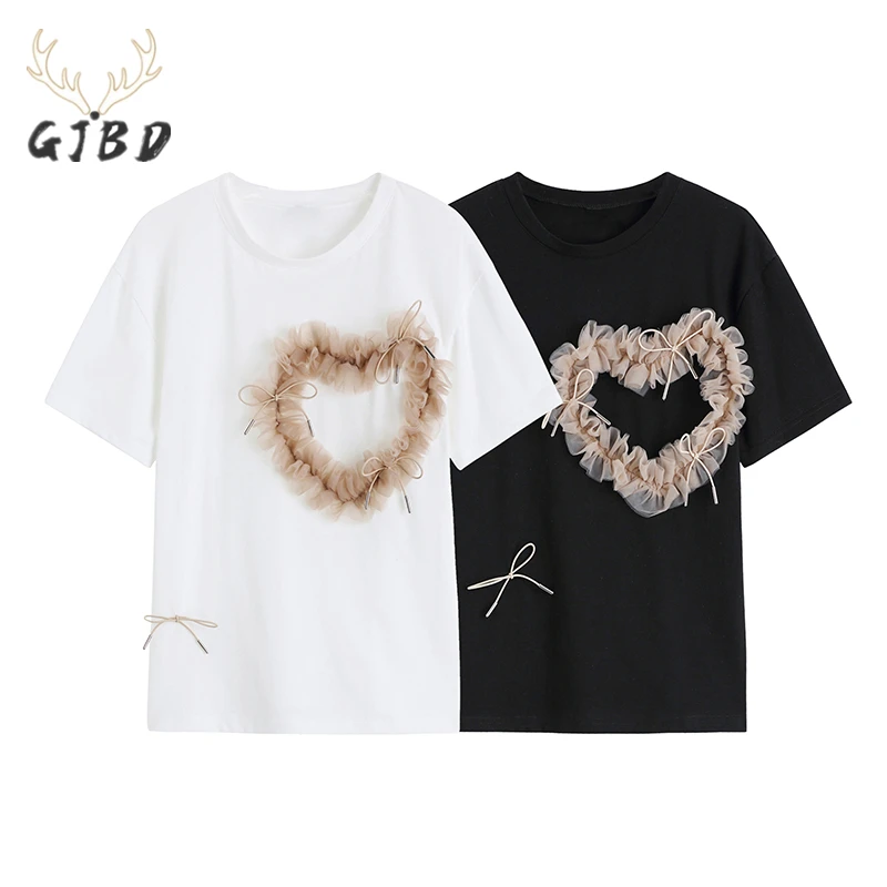 

Summer Women's Clothing T-Shirt Round Neck Mesh Love Bow Short Sleeve Casual Korean Fashion Simplicity Baggy Ladies Tops