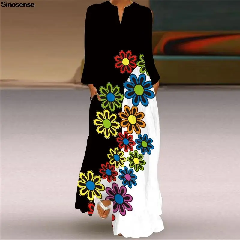 

Women's Floral Print Retro Vintage Holiday Bohemian Maxi Dress Sexy V Neck Long Sleeve A Line Long Dress Casual Loose Dress 5XL