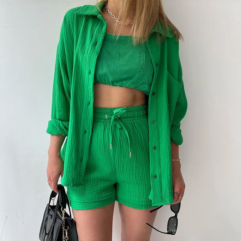 

Women Top & Pants Set Summer Crepe Lapel Shirt High-waisted Drawstring Shorts for Daily OOTD Casual Solid Colour Two-piece Set