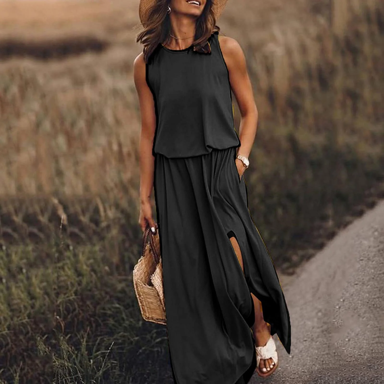 

SUJYing Summer New Women's Round Neck Sleeveless Dress With Split Multicolor Solid Color Dress