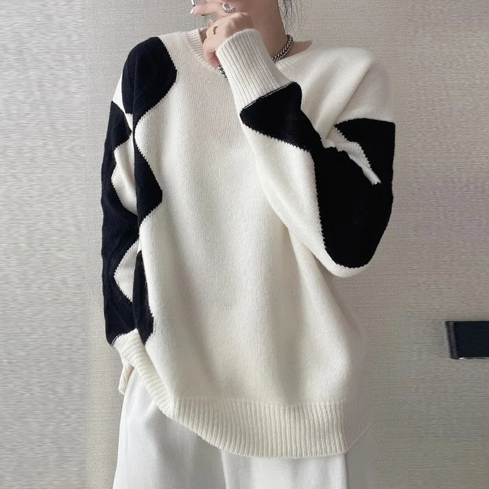 

Весенние топы, корейская мода, женский свободный шерстяной свитер контрастных цветов с круглым вырезом, Женский пуловер, универсальный сви...