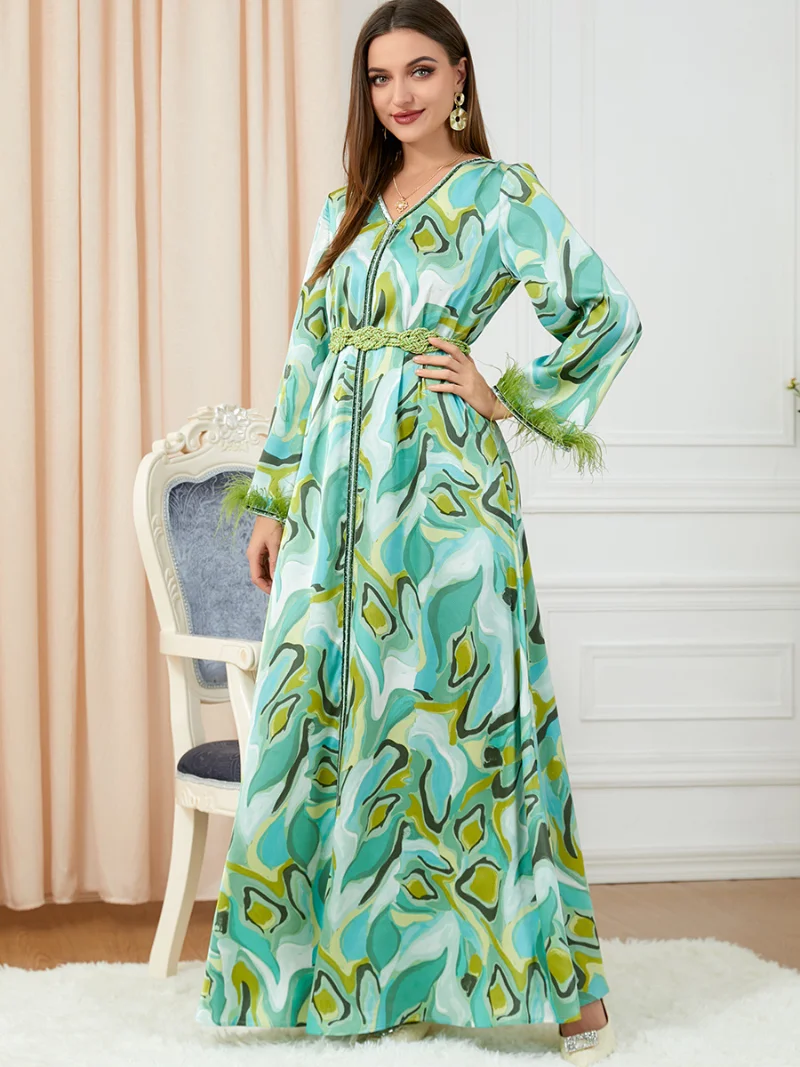 Women's Dresses Print Fall 2022 Abaya's V-Neck Feathers Long Sleeve Maxi Dress Belted Moroccan Kaftan Robe Abayat Turkish Jilbab