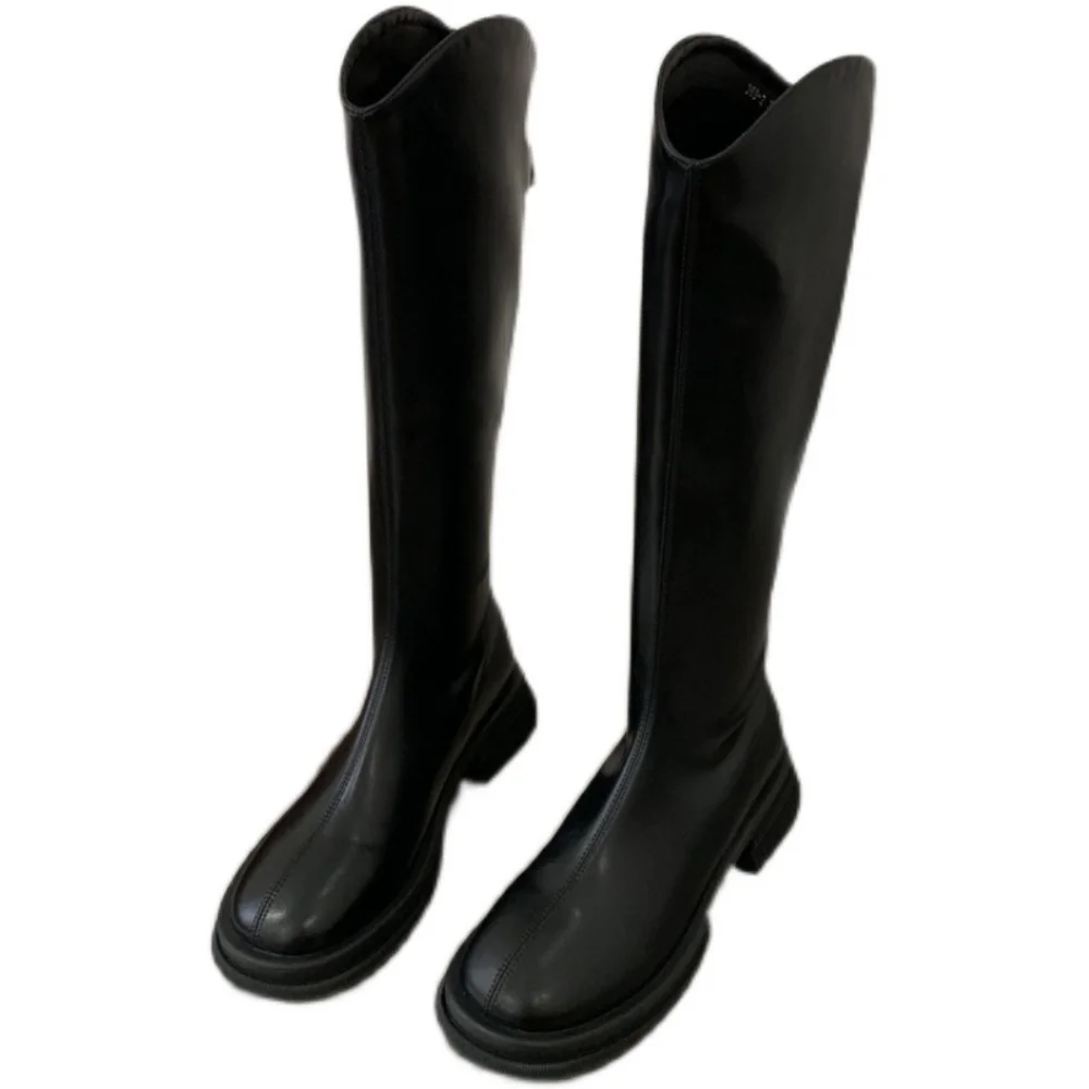 New Luxury Chelsea Boots Women's Knee Boots Autumn PU Leather Female Shoes Low Heel Ankle Boots Slip On Chunky Boots For Woman