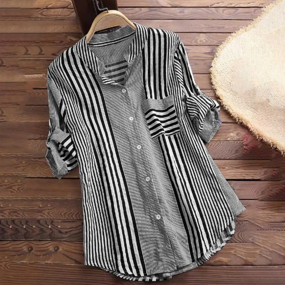 

Lightweight Shirt Women Striped Shirt Striped Print Loose Casual Blouse Women's Fall Shirt with Contrast Color Long Sleeve