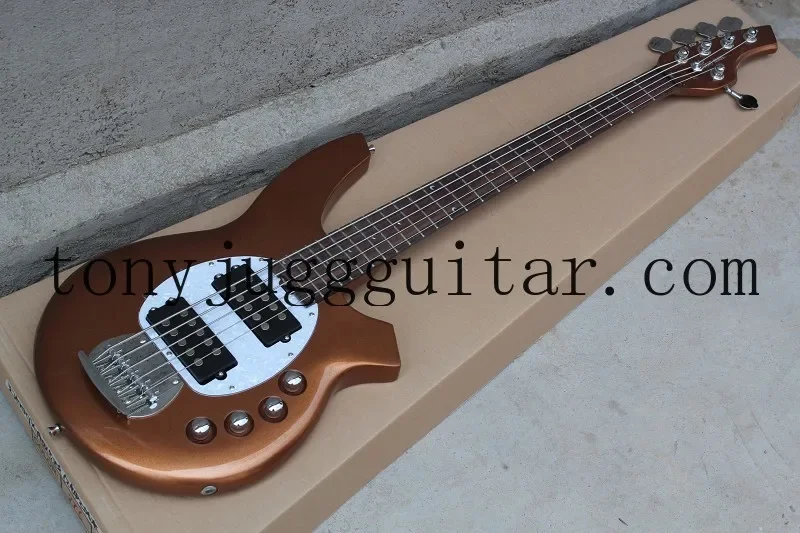 

Rhxflame Bongo Music Man 5Strings Bass Erine Ball StingRay Gold Guitar 9V Battery Active Pickups White Pickguard Chrome