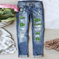 new denim womens straight leg pants ripped casual wide pockets jeans