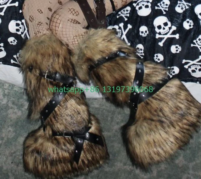 

Женские коричневые дизайнерские ботинки с искусственным мехом, зимние ботинки в стиле панк и готика, повседневные ботинки до щиколотки с ремешком с пряжкой, размер