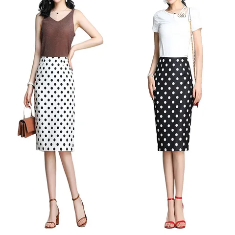 Summer Women Dot Printed  Bodycon Back Belte Penci Skirt  Korean Style High Waist Formal Female Falda Empire Vintage Long Skirts
