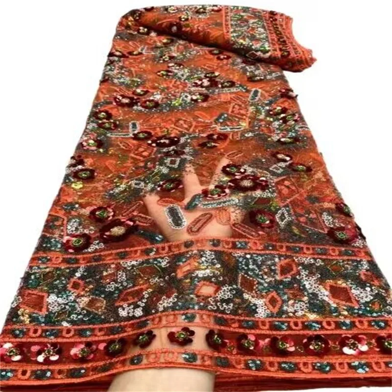 

Роскошная африканская кружевная ткань с блестками и бисером, оранжевое высококачественное кружево, 5 ярдов, французская кружевная ткань, нигерийские кружевные ткани для платья