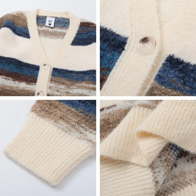 Американский винтажный полосатый кардиган с v-образным вырезом для мужчин модный