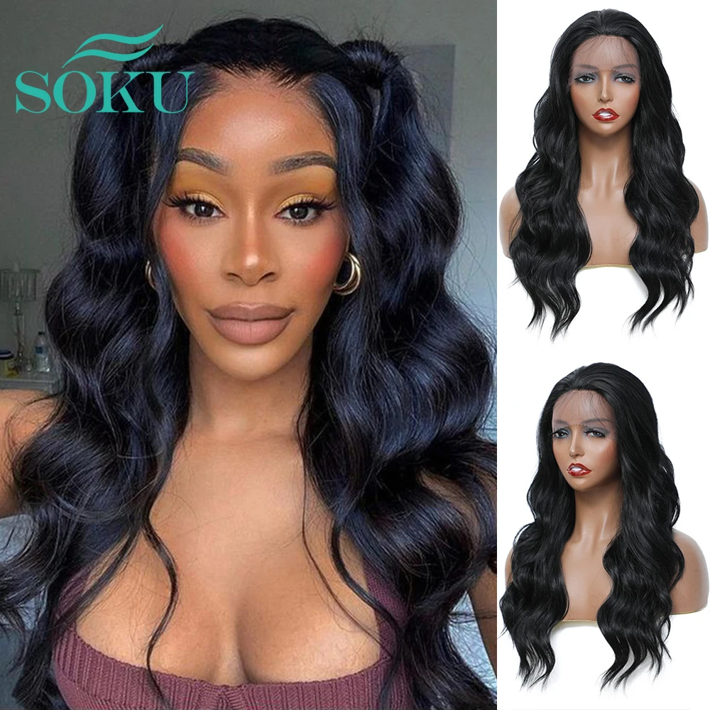 

Long Body Wavy Synthetic Lace Wig With Baby Hair Black Wavy For Black Women Free Part Wig Daily Heat Resistant Fiber Hair SOKU