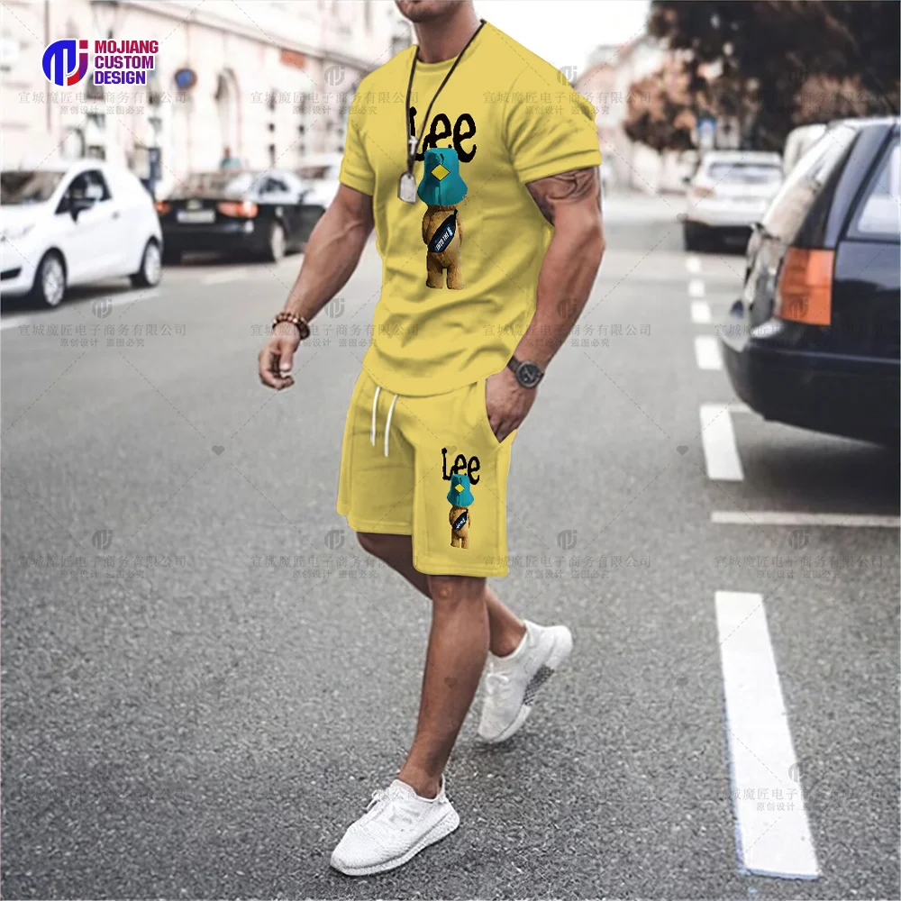 Summer 2023 Luxury Brand Men's T-shirt Shorts Oversized Short-Sleeved Cartoon Bear Print Casual Loose Top Shorts Two-Piece Set