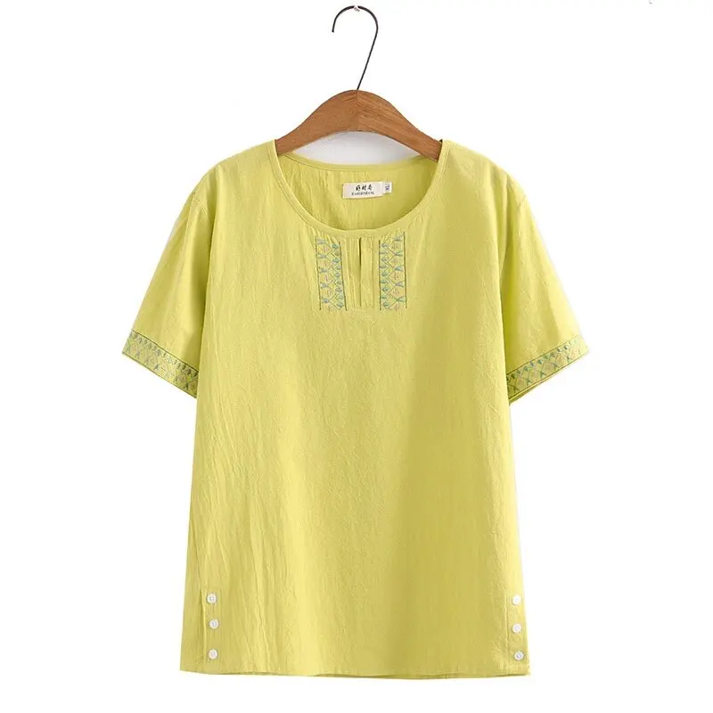 Plus Size Women's Short Sleeve Full Cotton Summer Shirts Oversized A-line Vintage Female Tops Large Size Fashion Embroidery Top
