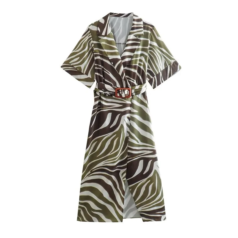 

New Dress Women 2022 Summer New Print Army Green Slim V-Neck Belt Youth Dress Fashion Chic Party Casual Vacation Ladies Dress