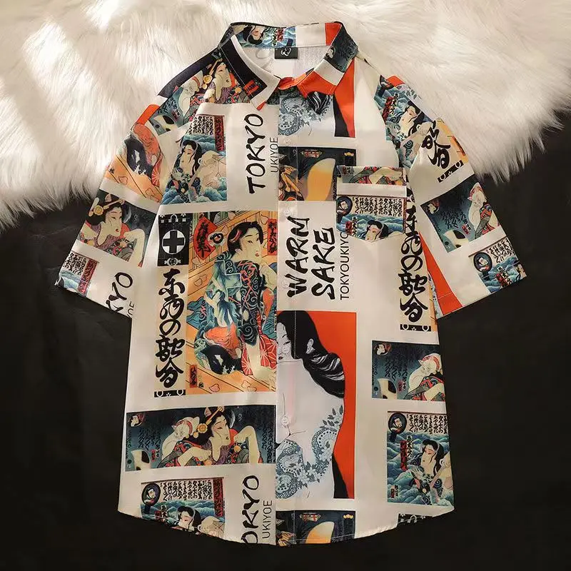 

Japanese Retro Character Print Short-sleeved Shirt Men Women Blouse Hip-hop Loose Casual Shirt 2022 Summer Button Up Shirt Women
