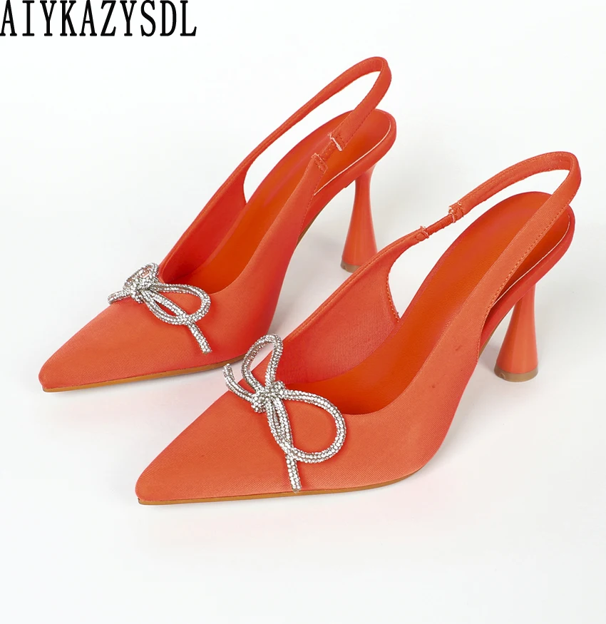 

AIYKAZYSDL Point Toe Women Bow-tie Bowknot Butterfly Knot Pumps Slingback Fashion Sandals High Heel Green Orange Shoes Dress