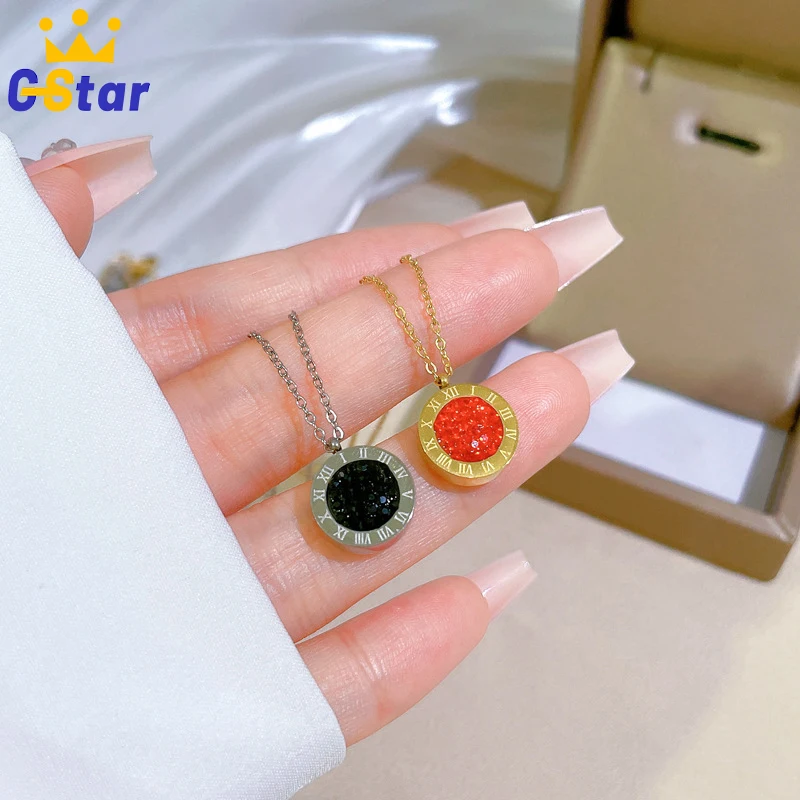 

Stainless Steel Necklaces for Woman Roman Numeral Red Black Zircon Double-Side Pendant Non Fading Clavicle Chain Necklaces Gift