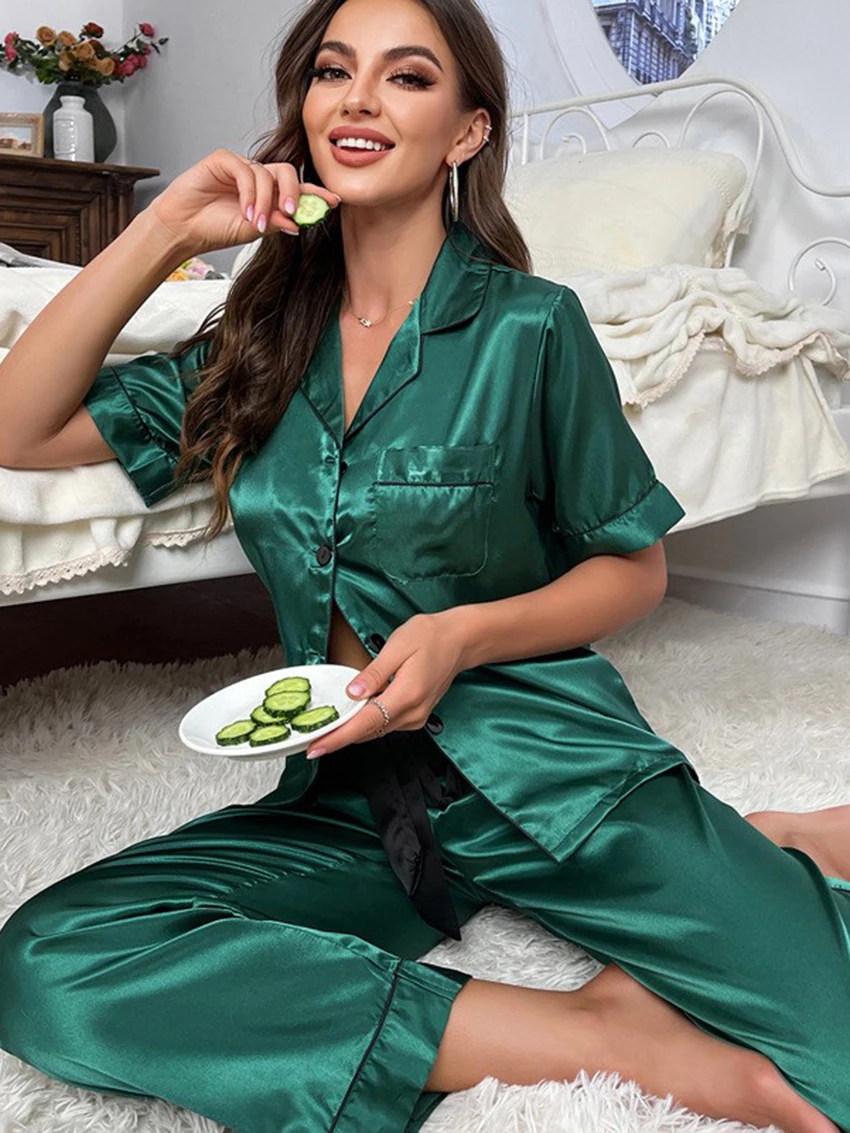 Marthaqiqi Satin Women'S Pajamas Sets Short Sleeve Nightwear Sexy Turn-Down Collar Sleepwear Wide Leg Pants Femme Pyjamas Suits