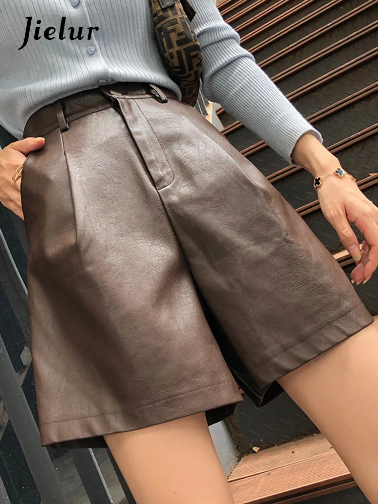 

Jielur Vintage S-XXL Size PU Leather Shorts Women Autumn Winter High Waist Loose Five Points Leather Shorts Fashion Short Femme