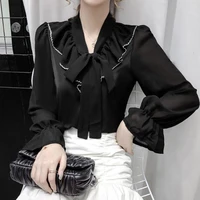 2022 spring summer bow lace up flare sleeve elegant shirt female clothing korean fashion all match scarf collar ruffles blouses