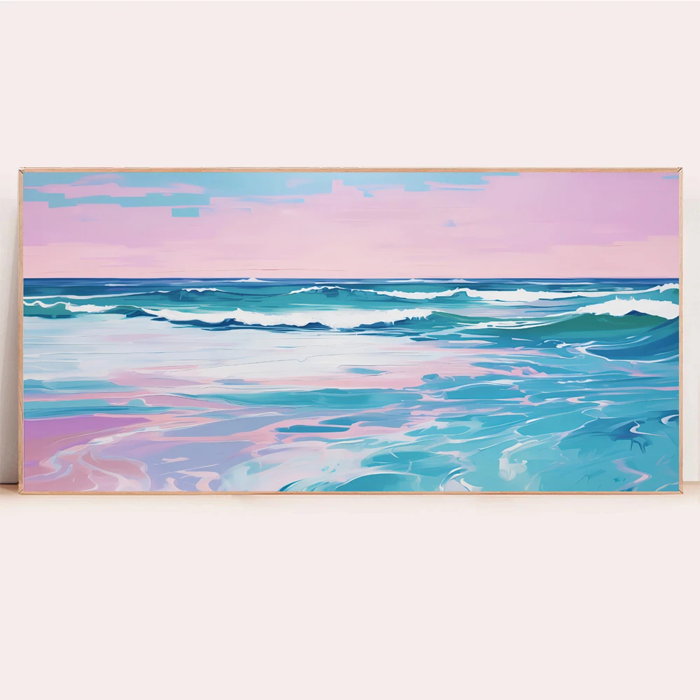 Пейзаж мечтательный розовый картина маслом маленькая девочка прогулка по морю