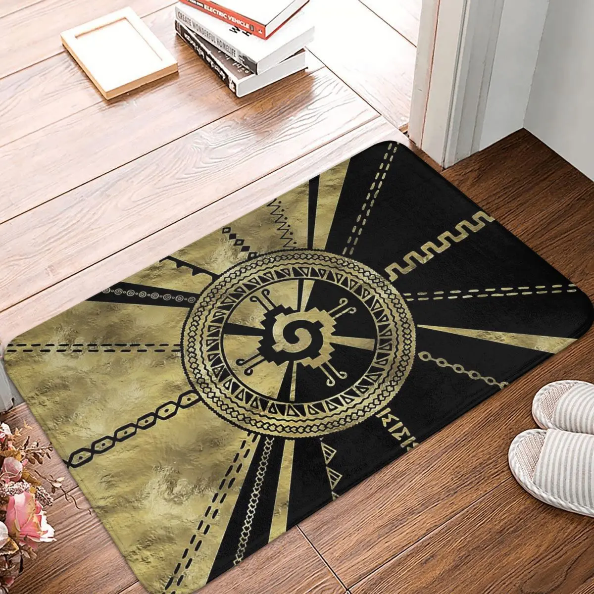 

Mayan Aztec Calendar Non-slip Doormat Hunab Ku Symbol Black And Gold Living Room Kitchen Mat Prayer Carpet Home Pattern Decor