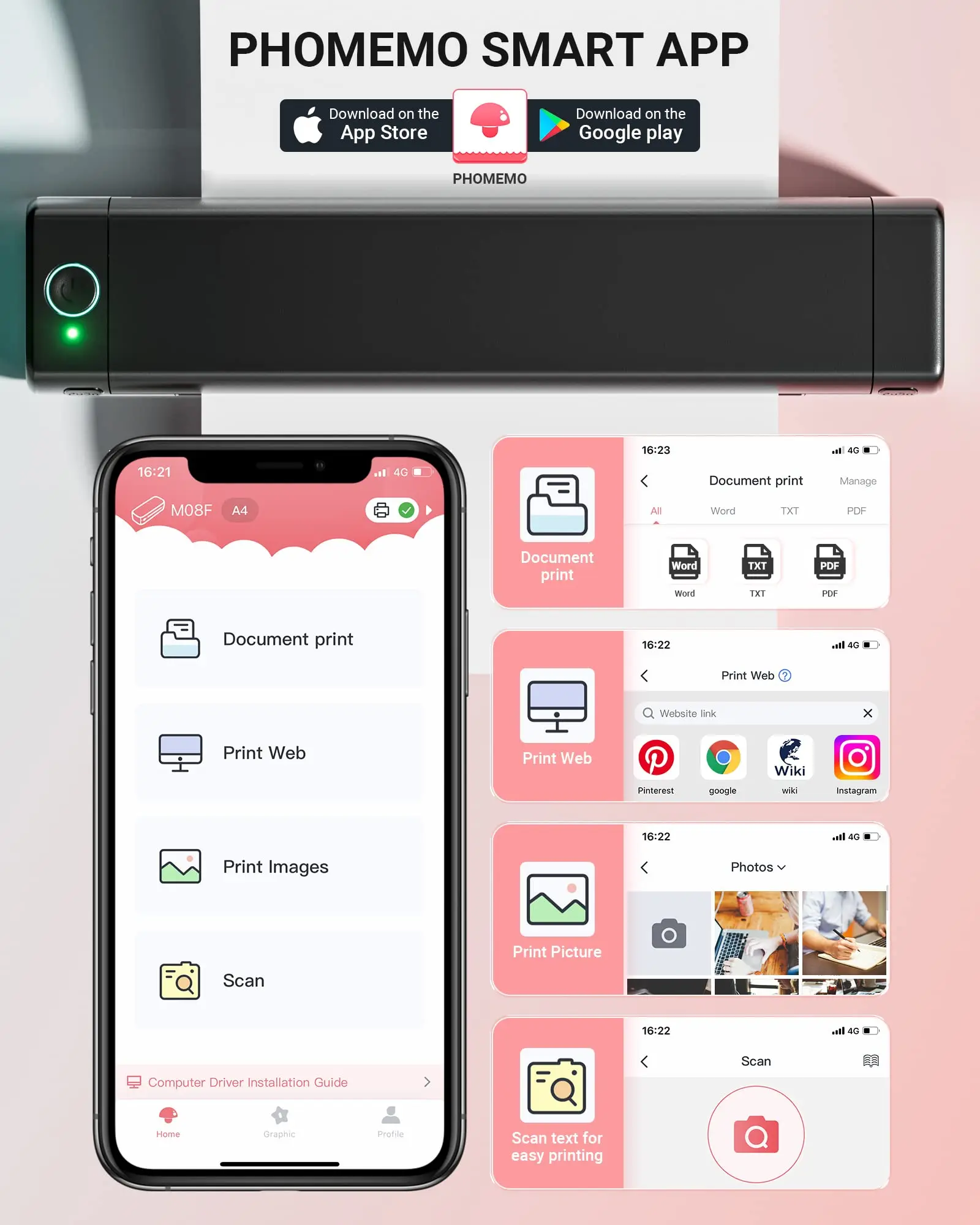 A4 Portable Printer Bluetooth Inkless Small for PDF Webpage Contract Picture Printing Support Computer &amp Smart Phone |