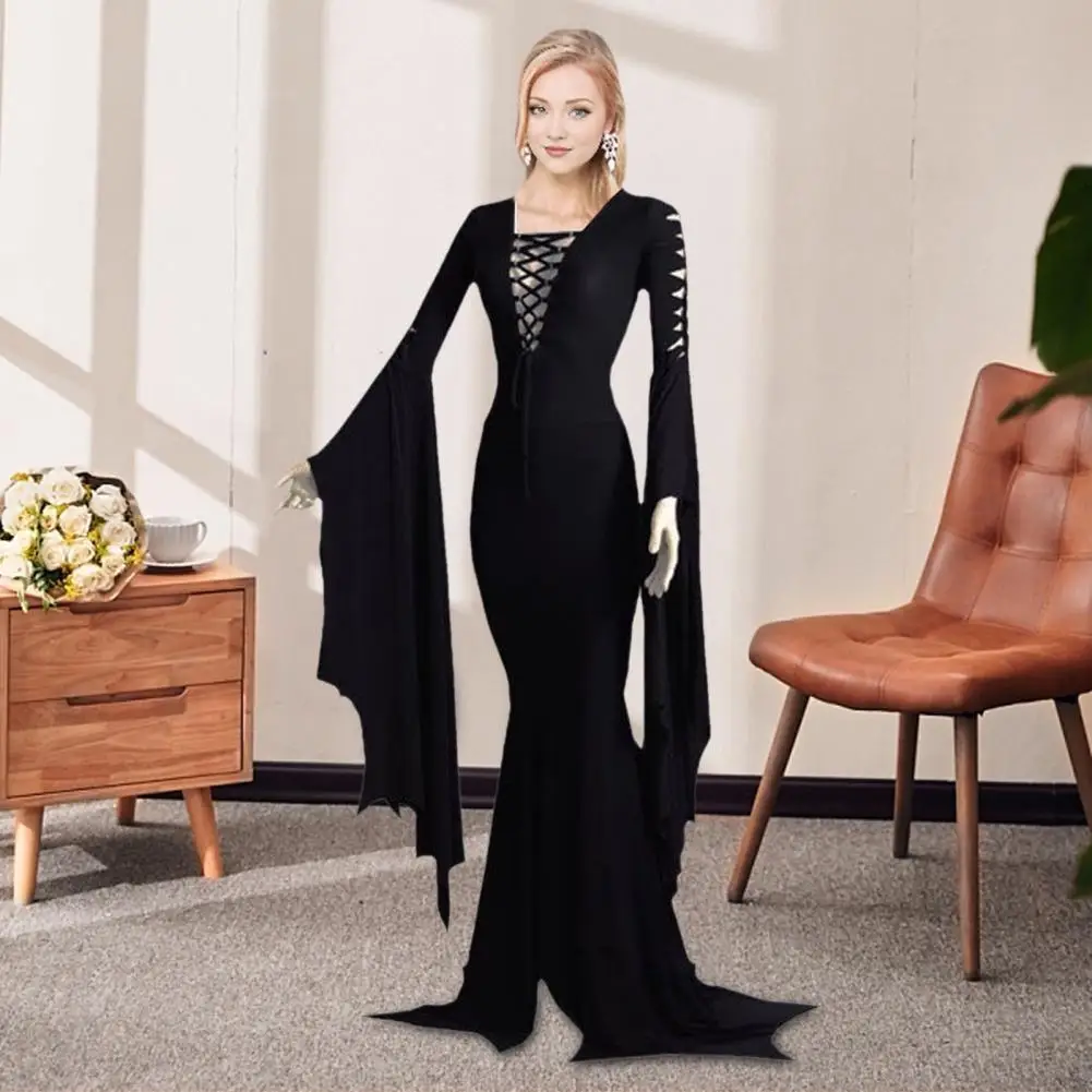 Женское платье на Хэллоуин облегающее шнуровке с нерегулярными рюшами и