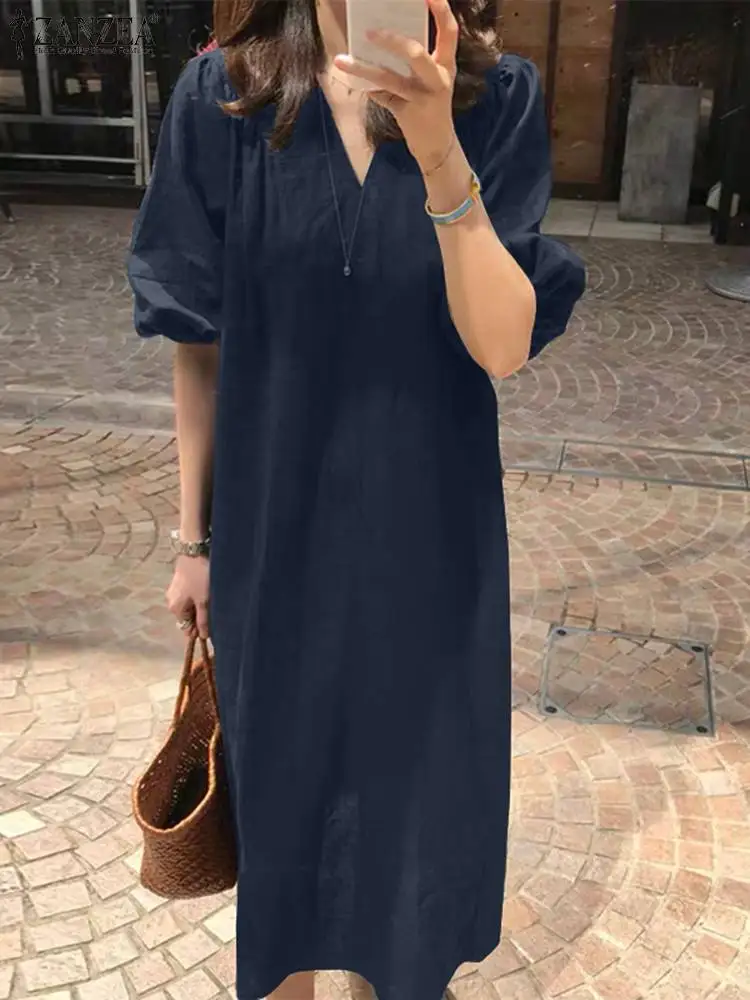 

Платье ZANZEA женское однотонное с пышными рукавами и V-образным вырезом