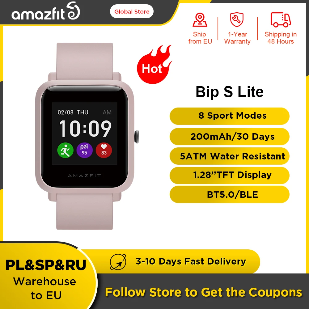 

100% Original Amazfit Bip S Lite Smartwatch 5ATM Waterproof Swimming Color Display Smart Watch 1.28 inch For Android ios Phone