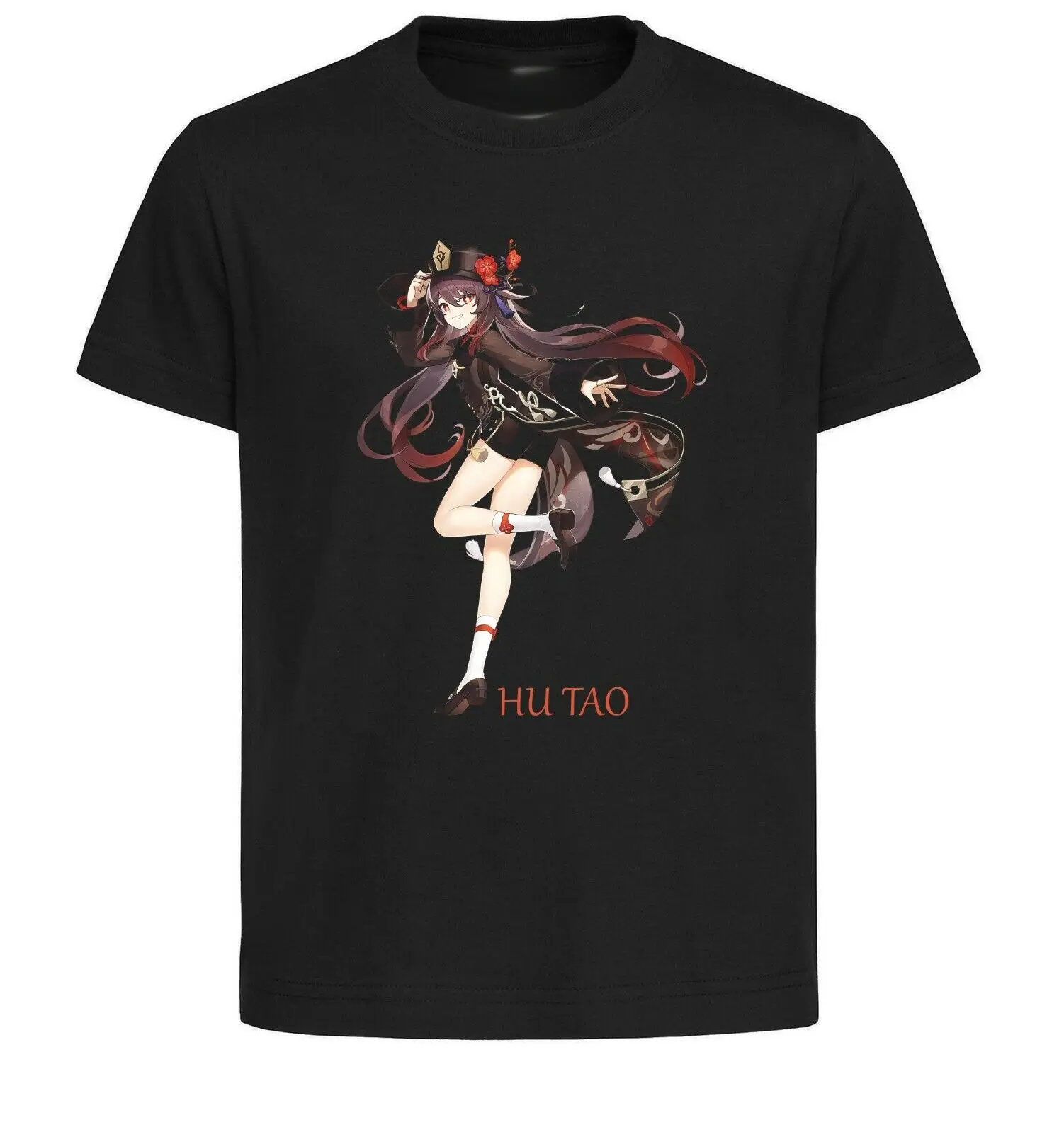 Черная футболка-черная трикотажная одежда унисекс Genshin Impact - Hu Tao