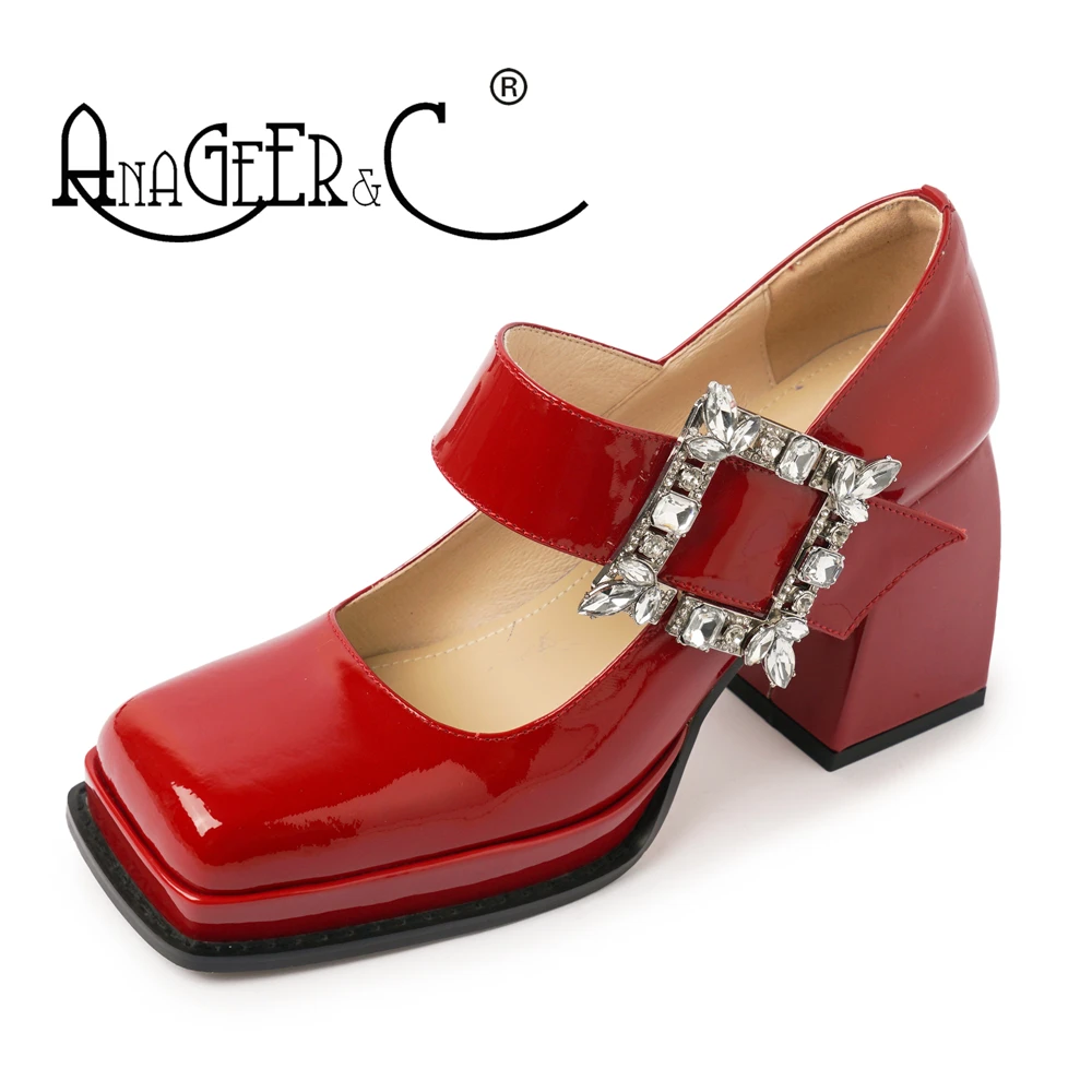 

ANAGEER & C квадратный носок лакированная кожа полная кожа внутри и снаружи платформа массивный каблук супер каблук Стразы металлическая пряжк...