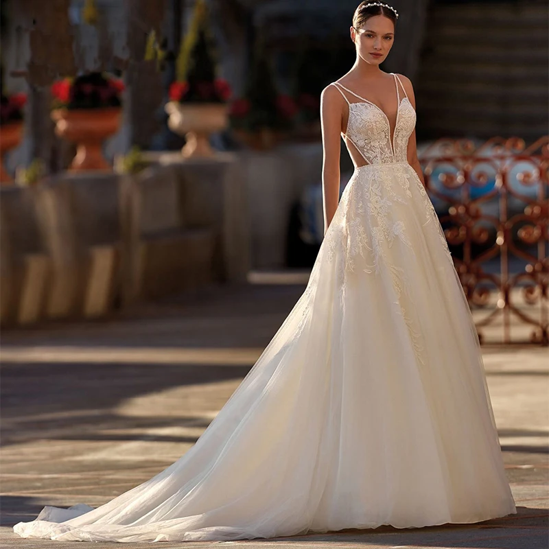 

Женское свадебное платье без рукавов, очаровательное ТРАПЕЦИЕВИДНОЕ ПЛАТЬЕ с открытой спиной и аппликацией на тонких бретельках, платье невесты