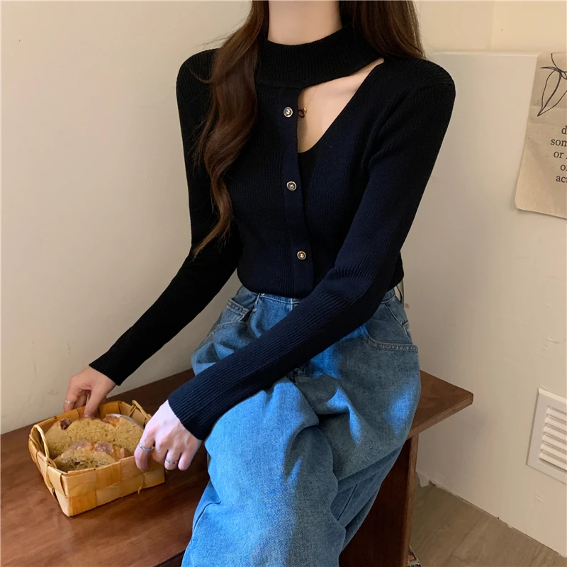 

Женский трикотажный пуловер с длинным рукавом, с высоким воротником