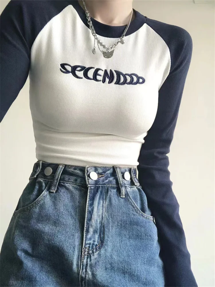 

Deeptown Cyber Y2K Embroidery Crop Top Women Korean Style Egirl Slim Long Sleeve T Shirt Female Kpop Sexy Patchwork O-Neck Tees