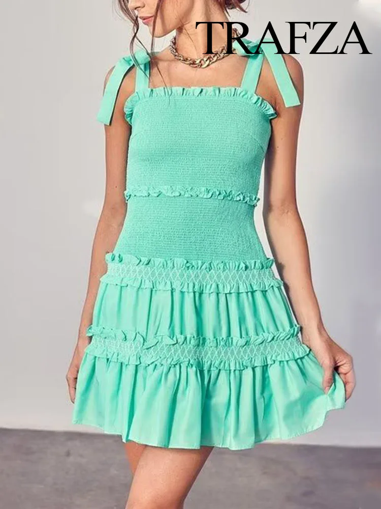 

TRAFZA Summer Dresses For Women Green Slash Neck Bow Suspenders Tiered Decoration Pullover Female Fashion Sheath Mini Dresses