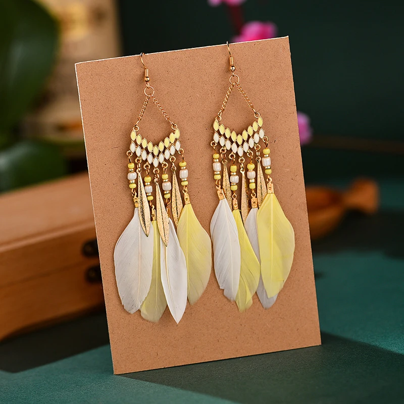 

Women Feather Earrings Ear Dangles Drops Ethnic Style Piercing Long Decorative Bohemian Gift Accessories