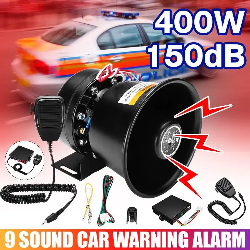 

400W 12V Police Sirens 9 Tones Car Warning Alarm Light with MIC System and Wireless Remote Control for Cars Fire Trucks Horn