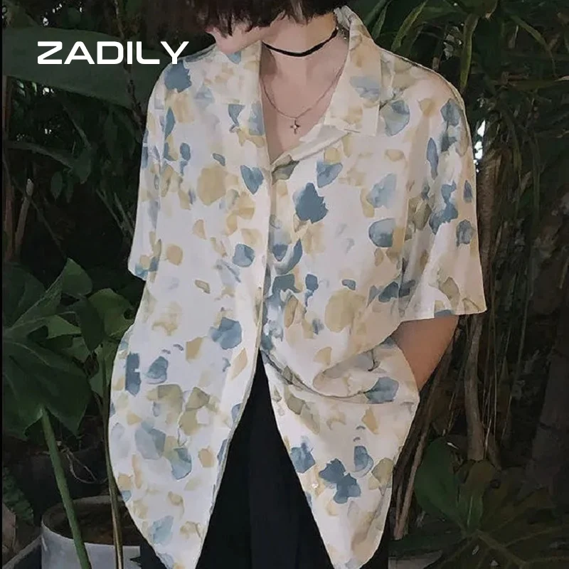 

ZADLIY Chic Korea Style Oversize Print Women Thin Shirt Short Sleeve Button Ladies Blouse Summer Loose Female Clothing Tops