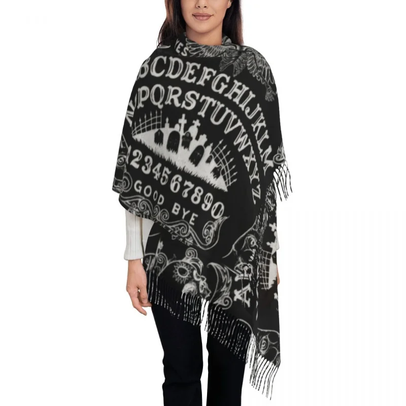 

Black Witch Ouija Board Scarf Wrap for Women Long Winter Fall Warm Tassel Shawl Unisex Witchcraft Occult Scarves